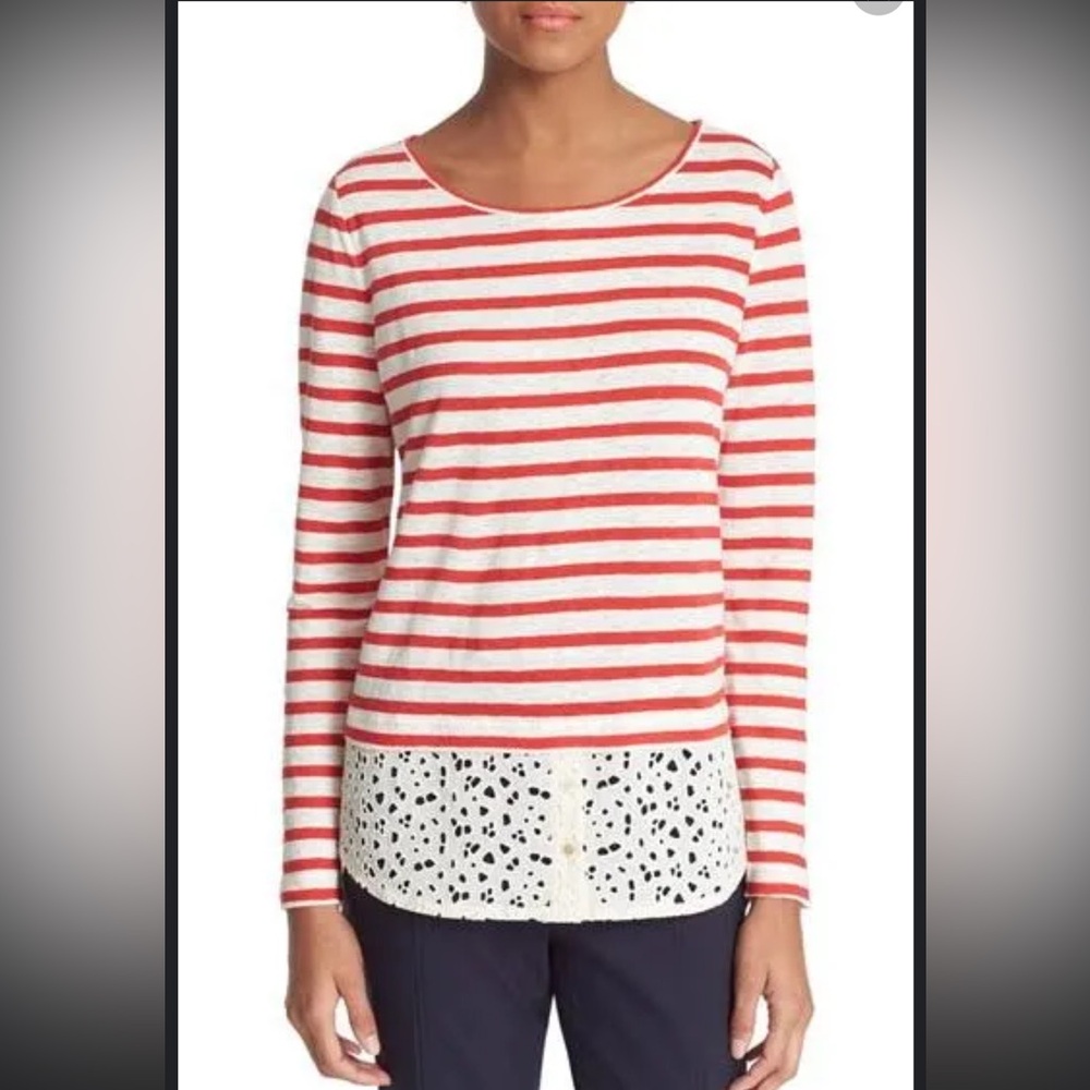 Tory Burch Striped Tee with Lace Trim Size Medium
